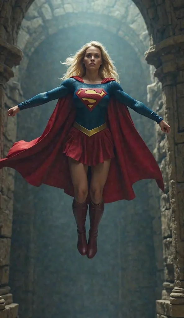 Supergirl in the air in a dungeon,  ultra real and professional images