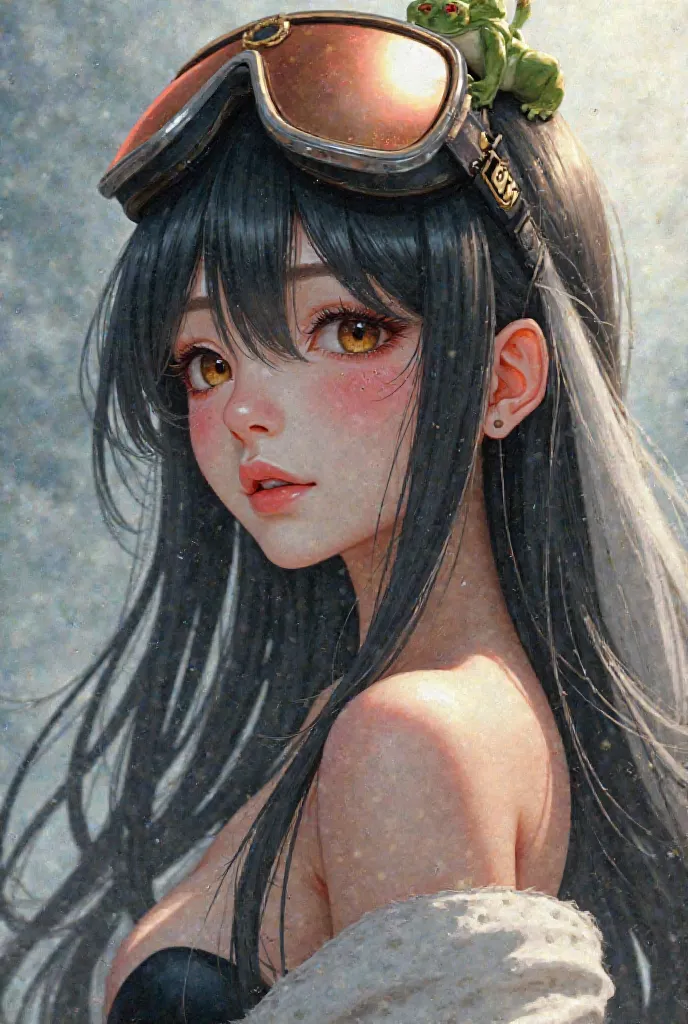 Girl with long black hair and pure white locks, some ski glasses on her head and a small frog on her head. The girl is blushing and has very big boobs.