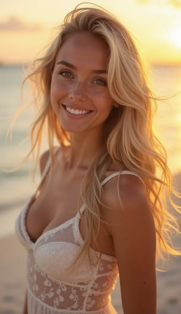 A stunningly beautiful 18-year-old European girl with long, light blonde hair and warm brown eyes. Her fair skin glows softly in the golden sunset light. She has a joyful and radiant smile, looking directly at the viewer. She is wearing delicate, romantic ...