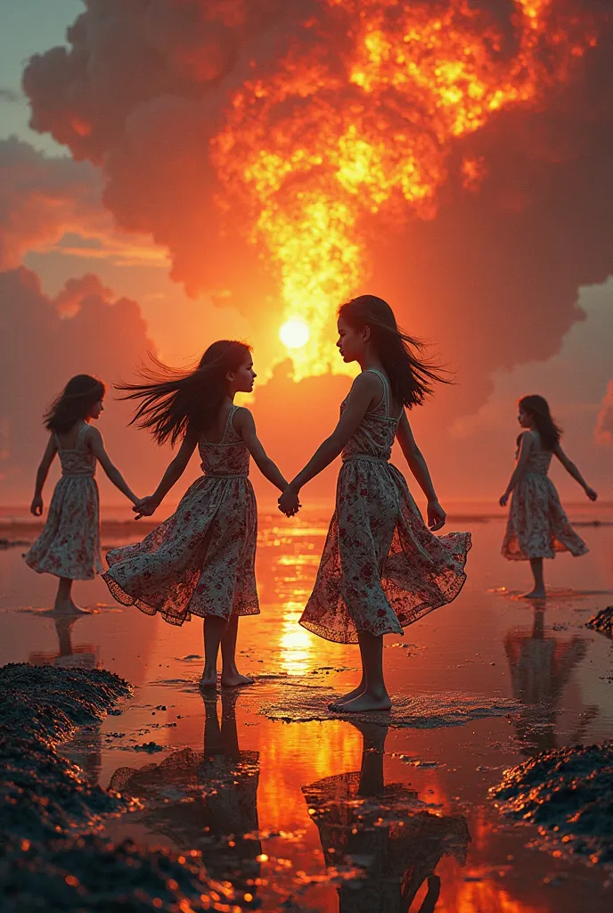 FRACTAL IMAGE OF YOUNG GIRLS DANCING IN FRONT OF AN ERUPTING VOLCANO AT DUSK WITH A REDDISH SUN