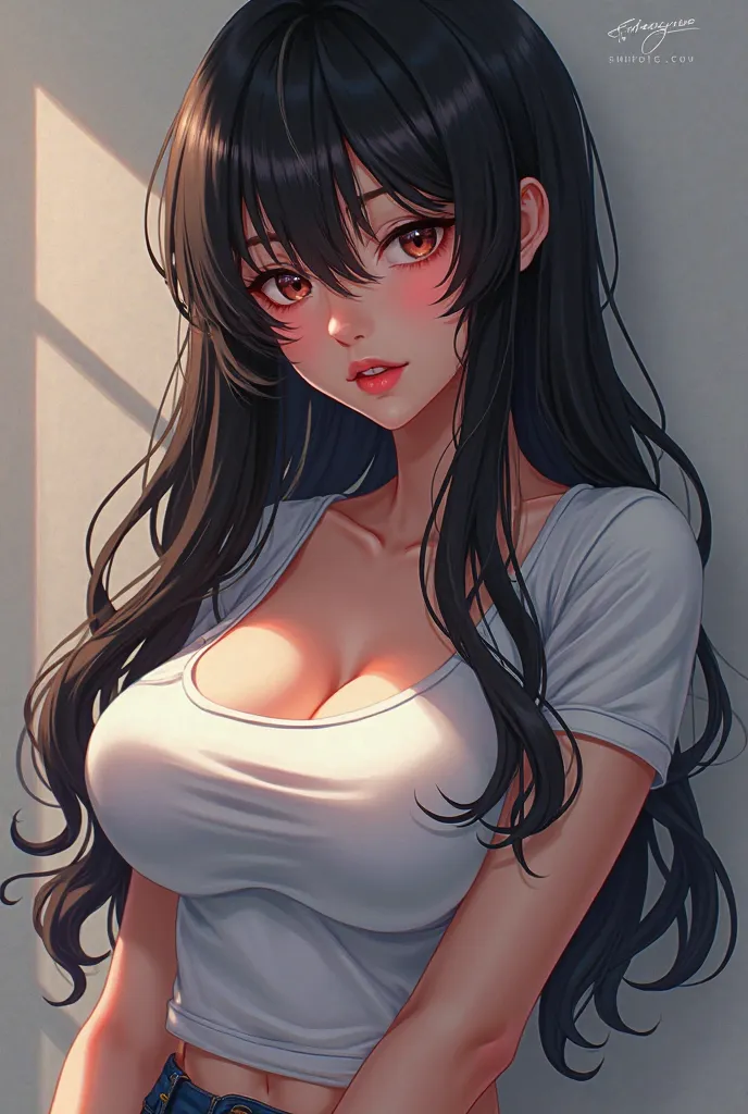 Anime girl with big breasts in a t-shirt with black hair 