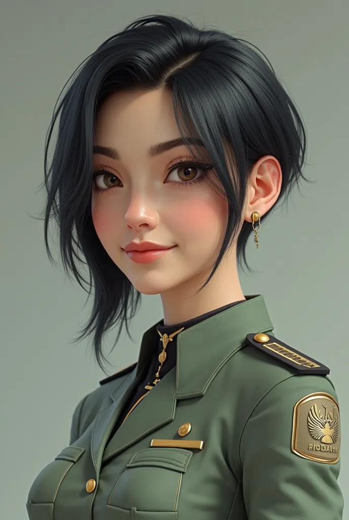 Create me a female character that looks like a real person, 35 years old, with a black hairstyle shaved on one side, and uniform light green and black.
