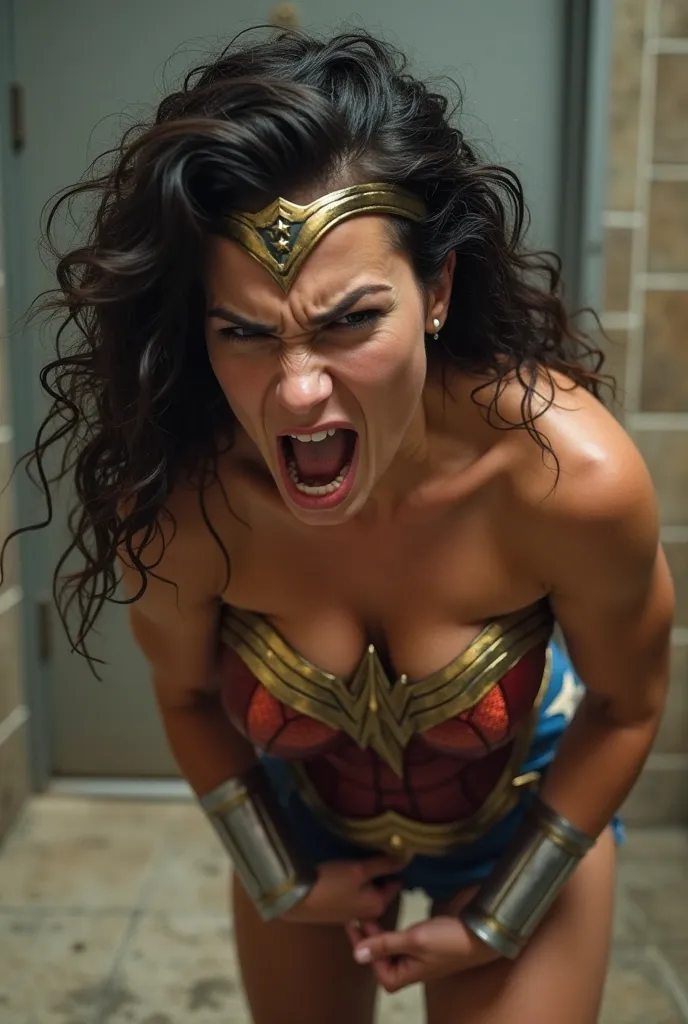 Wonder Woman vomiting . Her body is bent forward, And her shoulders are rounded, turn your face slightly to the side. Her mouth is wide open,   and her expression are intense discomfort and tension  . Her eyes are tightly closed, His eyebrows are drawn tog...