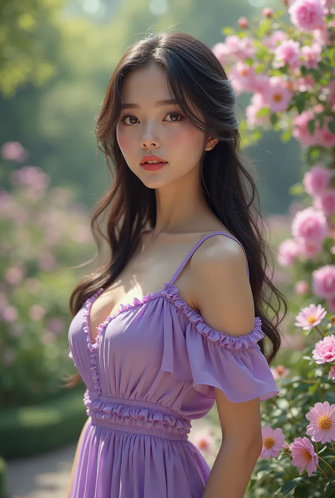 3d image asian gorgeous lady wear a violet  casual dress and his background of garden 