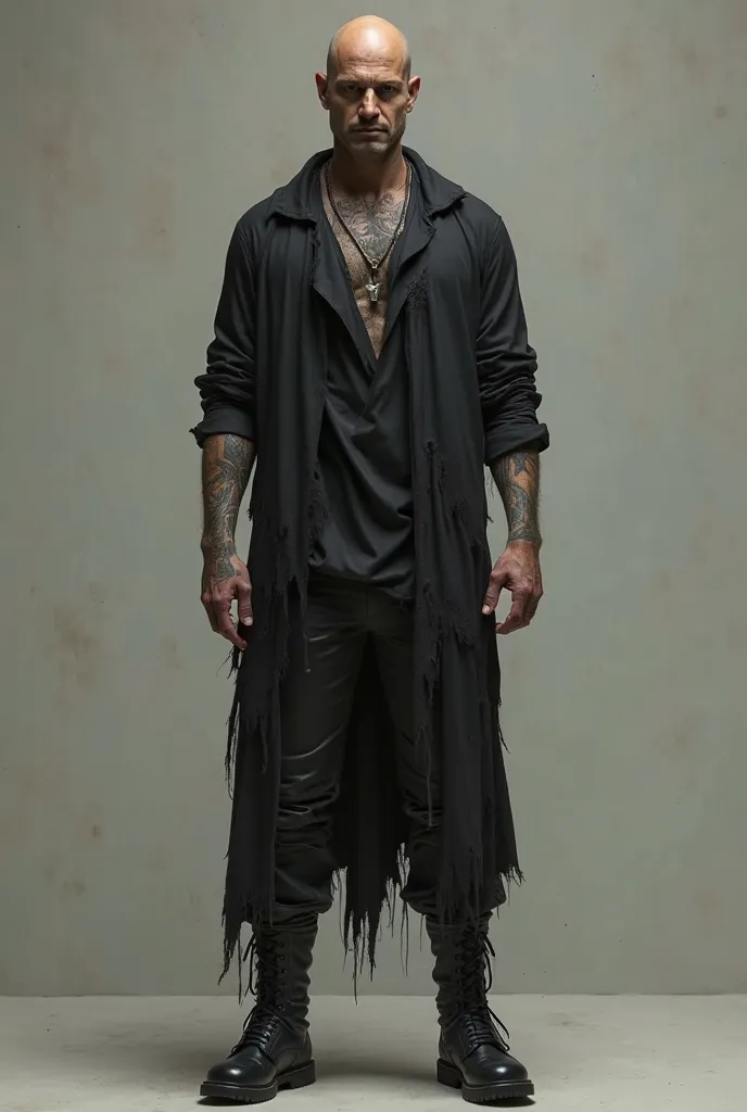 man with tanned skin, empty look, bald, thin,  tattoos, black long sleeve shirt, Black Leather Pants, black boots. ultra realistic, Showing the full body of the head in the black sneakers.