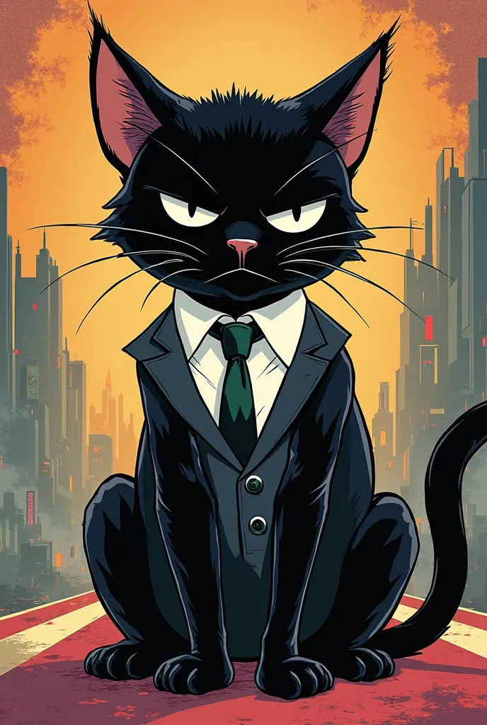 disappointed  and bored black cat wearing a tie and shirt neck comic book style