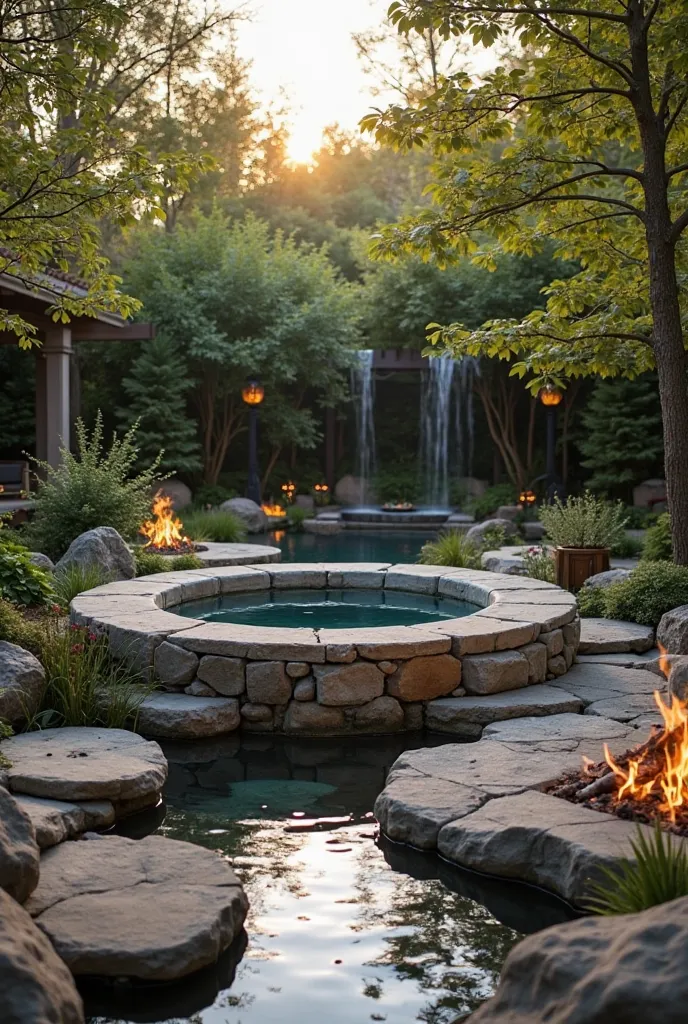 Create an outdoor meditation space with a shallow bathtub or pool, surrounded by natural stones and greenery. Include a small fire pit nearby for contrast. The scene should be set during sunset, with warm lighting and a serene, natural atmosphere.