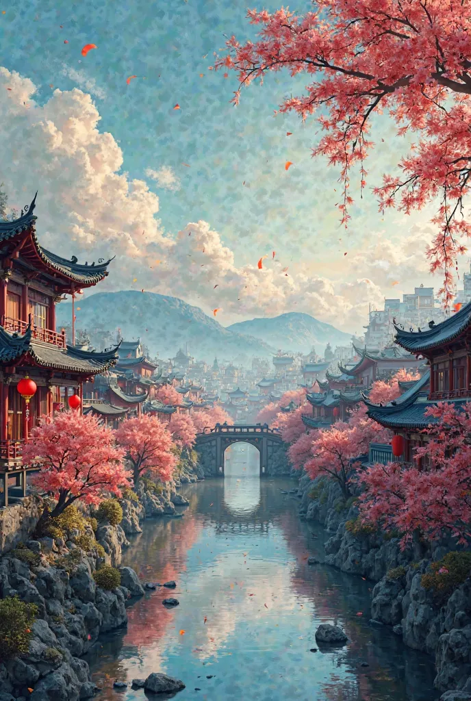 A horizontal digital painting showing a detailed skyline of a traditional Chinese city, created in the artistic style of Peking Opera masks. The scene includes ancient buildings with curved roofs, red hanging lanterns, cherry blossom trees and a meandering...