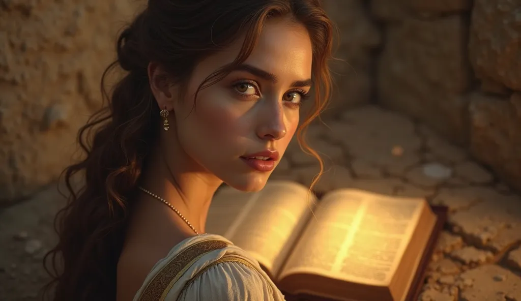 Imagine the face of a beautiful young Jewish woman , In the background an old open Bible with a golden light coming out of the Bible representing mystery , The scenario in the background and Israel ( Epoch of Jesus )  