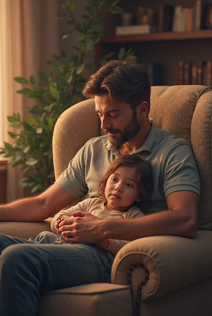 a 38-year-old man sitting in an armchair with a  girl