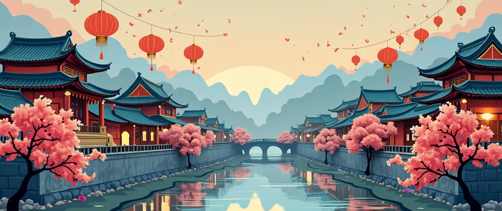 A horizontal decal-style image showing a stylized skyline of a traditional Chinese city, designed in the artistic style of Peking Opera masks. The scene includes ancient buildings with curved roofs, hanging red lanterns, cherry blossom trees and a meanderi...