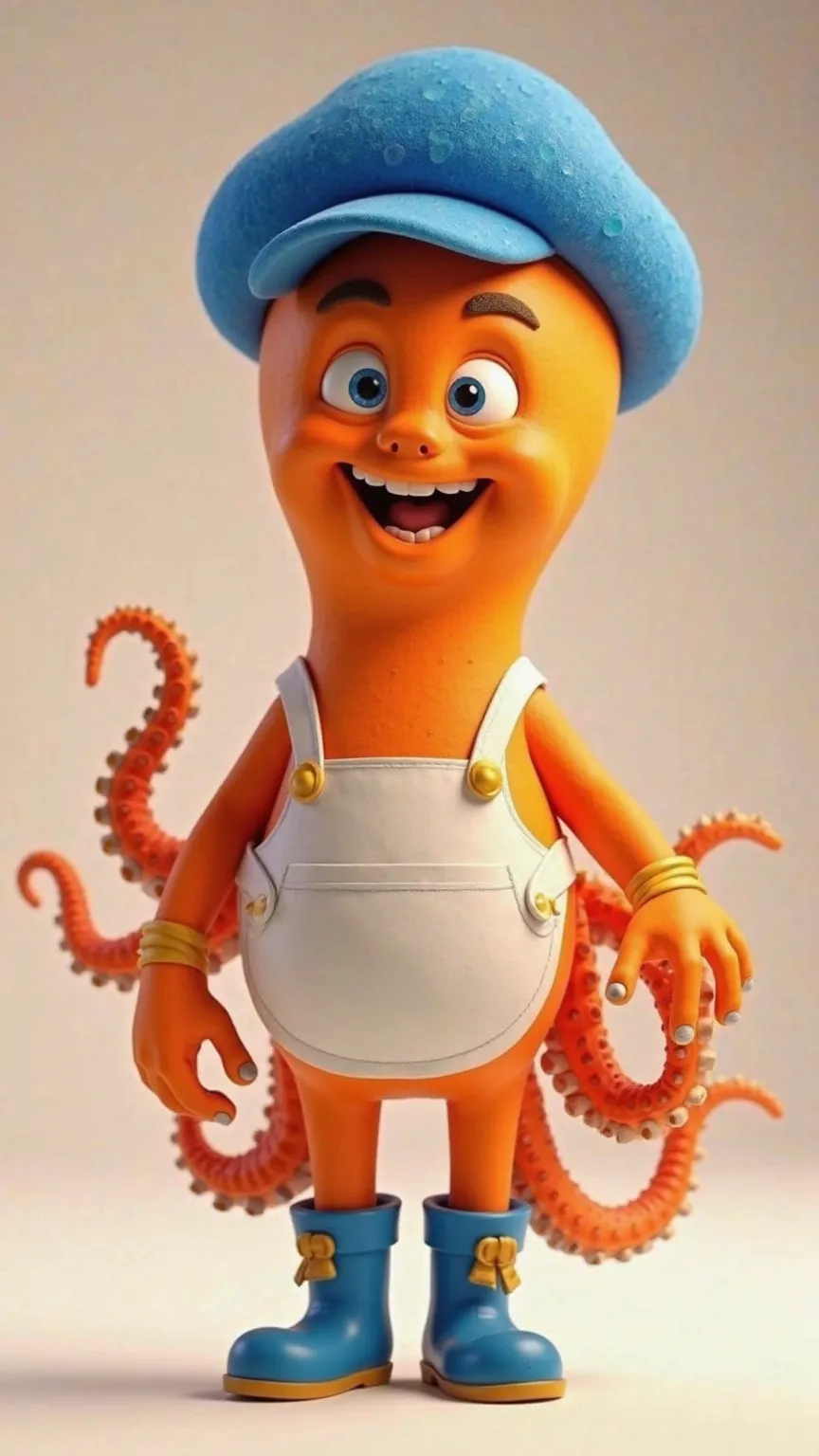 Bright orange 3D octopus mascot animation, Octopus with human legs and hands, Wearing a curved brim hat in bright royal blue, wearing apron and white boots, Octopus with smile and mouth. 