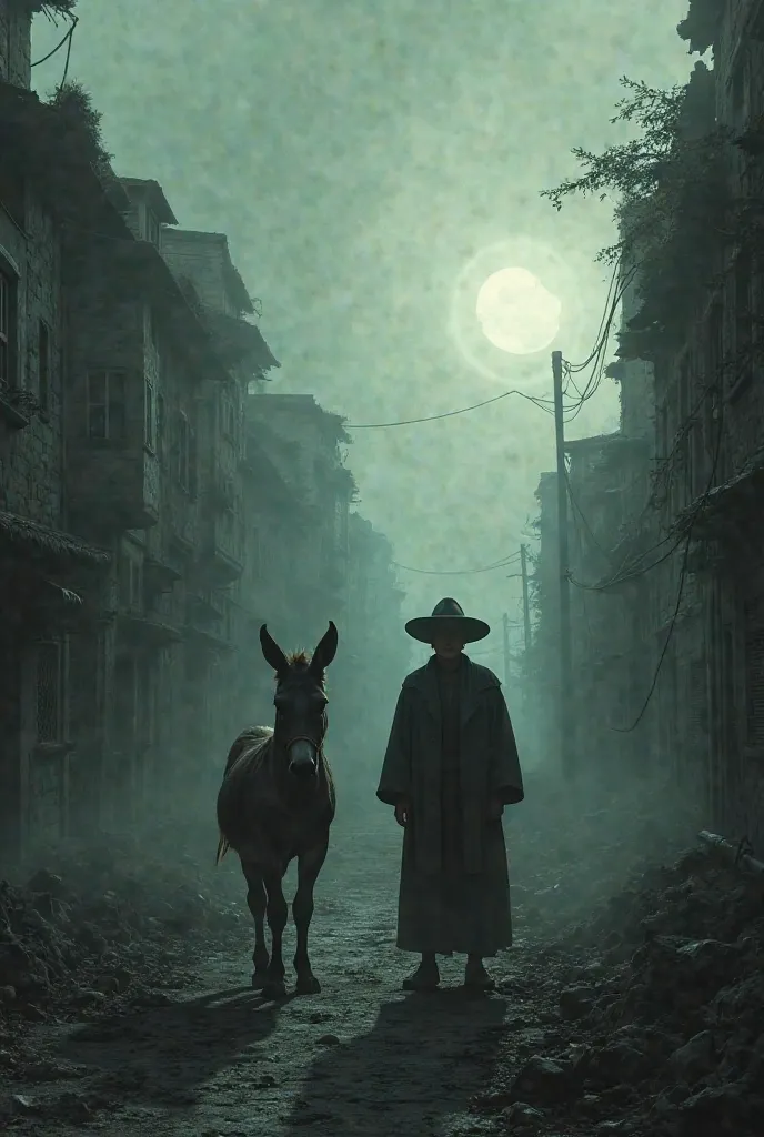 Create an image of a man with a donkey in a dark, empty village.