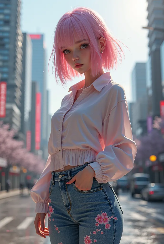 Can you make it with white skin and more modern clothes such as jeans that have the features of Sakura and a little Sasuke 