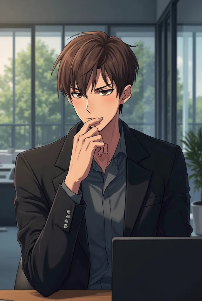 I want an anime image of a man with brown hair and a black coat in a modern company setting folded and thinking