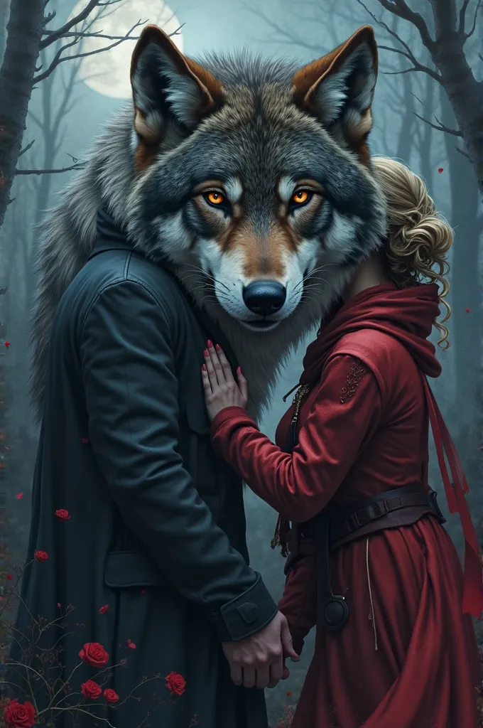 Create for me a book cover with a human, Vampire and Wolf