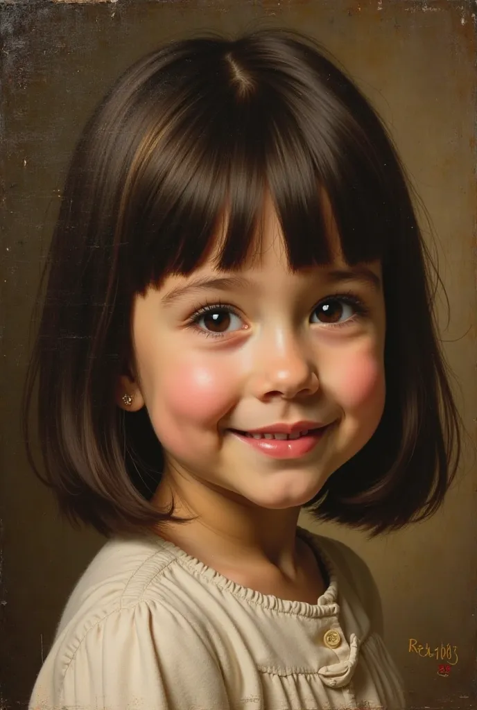 
“A four-year-old  with dark brown hair and honey-colored streaks, styled in a shoulder-length bob cut. The  has medium-sized dark brown eyes, prominent eyelashes, and fair skin. Their face is adorned with a beautiful, angelic smile, and their mouth has a ...