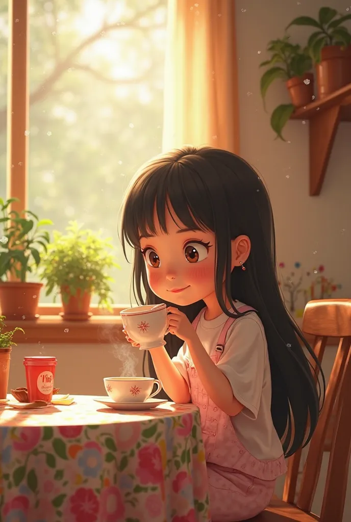 Pixar-style poster of a girl with long straight black hair at a table having breakfast coffee