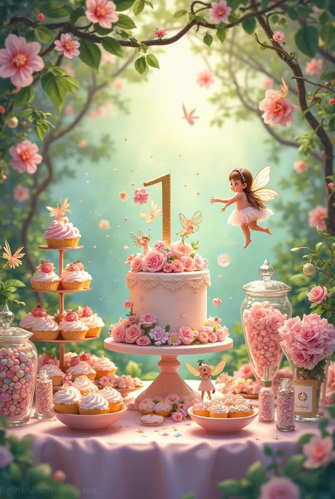 Create an illustrated fairy-themed 1-year birthday decoration that includes cake, custody , Candy Bar  , souvenirs ,centerpiece 