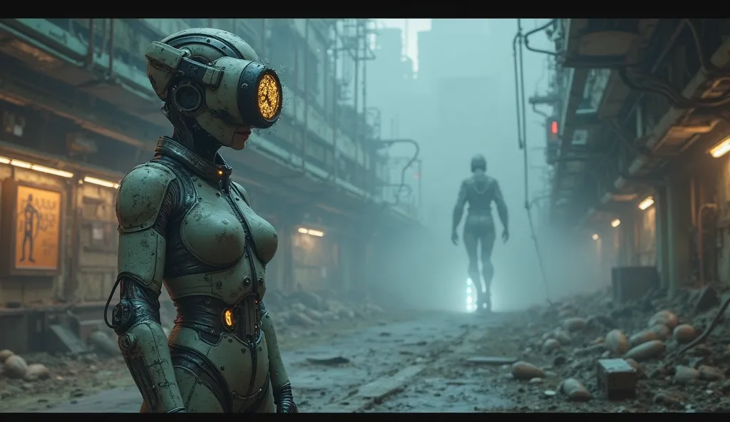 In the foreground, a woman with a retro-futuristic cybernetic suit stands motionless, her face partially hidden by oversized, cracked VR goggles reflecting ghostly data streams. Her skin is pale, almost translucent, and cybernetic veins pulse with a dim, e...