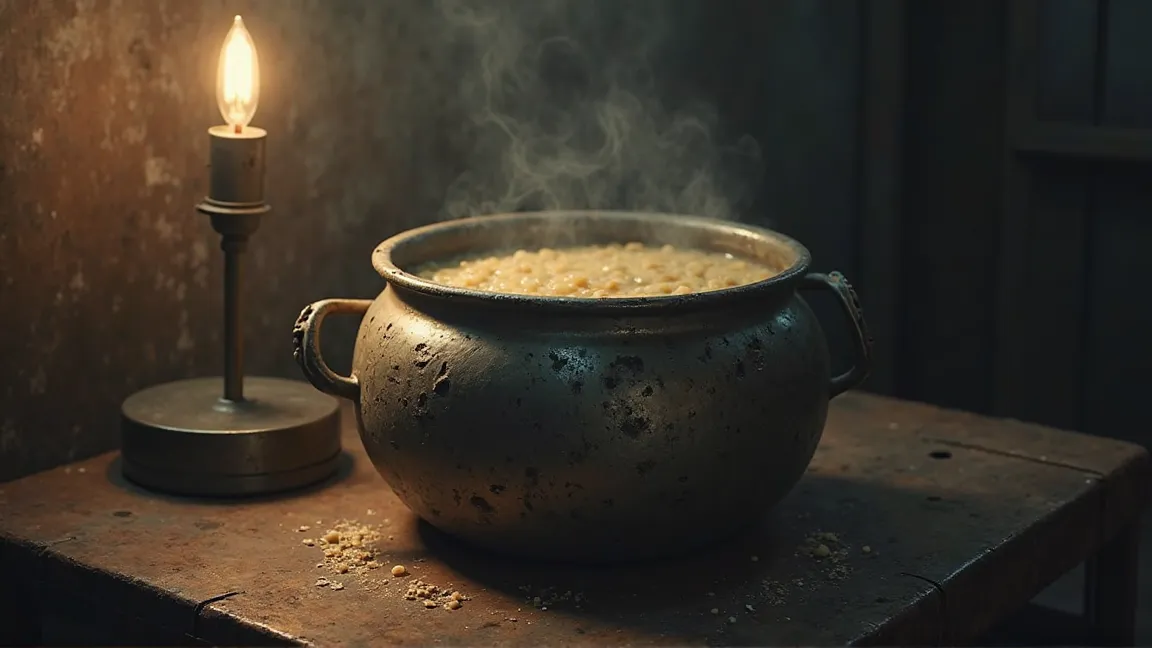 Shoddy porridge pot
An empty, shabby hardware pot placed in a smoky pot in a small house、slight porridge sticks to the bottom、Thin steam rises。the weak light of the lamp illuminates the pot、the surface with soot and dirt engraved on it is reflected。ephemer...