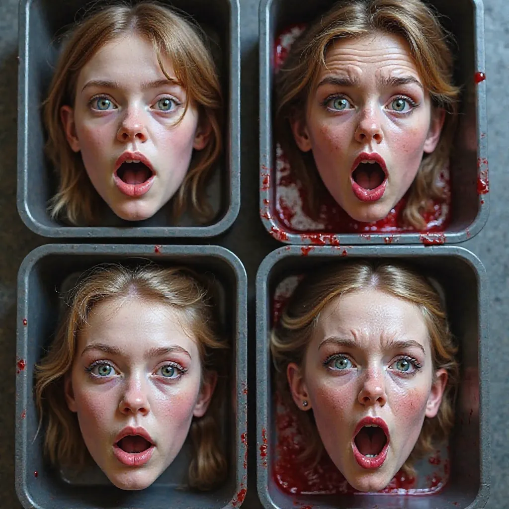 Generate HD image photograph of 4 severed heads of 18-year-old women, Bodiless Heads, without neck. in plastic trays, with blood, open-mouthed, expression of shock, Open Eyes, tongue out, strabismus, Blood in the box, strabismus. Russians, with different h...