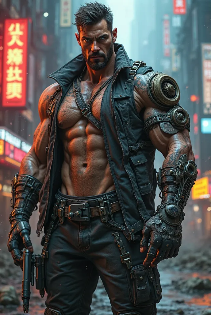 High quality, 8K Ultra HD, brute, big male, lots of details, cyberpunk, cyberpunk male, cyberpunk 2077, pumped, jacket