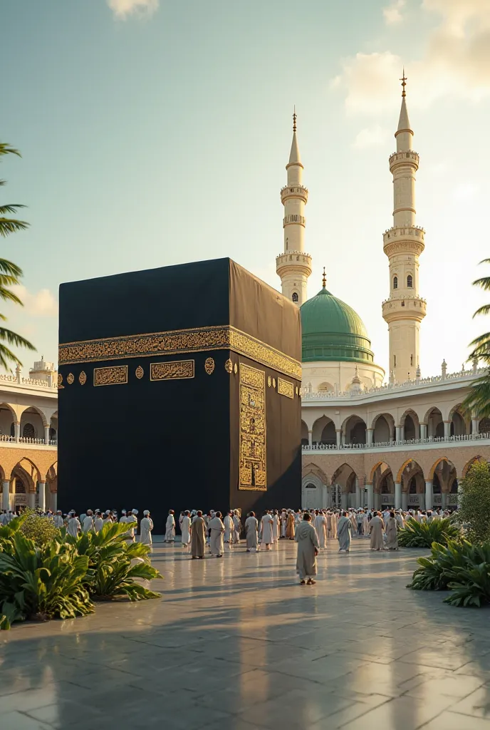 A picture of the Kaaba on the right and the Prophet's Mosque on the left with the green dome in high resolution and realistic