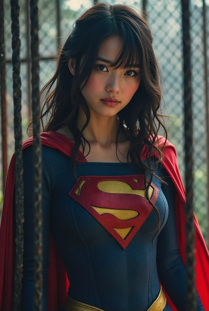 Please show me an image of Supergirl trapped in a cage.  It's impossible to escape from this cage . Supergirl wants help, With tears in their eyes.

Supergirl is the perfect costume
Is Supergirl Japanese in her 20s