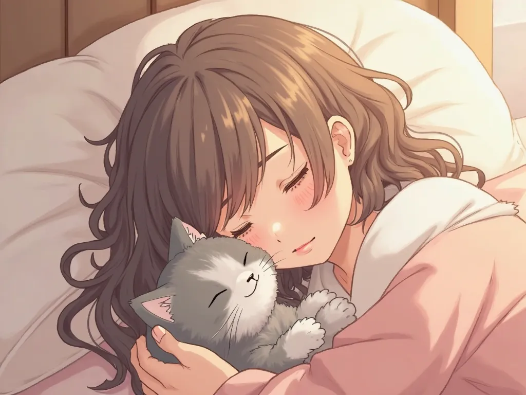 Anime mode image of a tabby kitten in gray and white curled around the neck of its owner, which is a white test with brown curls and long hair, Both sleeping 