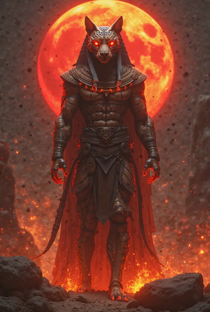 Futuristic science fiction: a Sphinx with red eyes from which fire emerges, wears a tiger costume, is an Egyptian warrior, the background is nocturnal with fire and a red moon