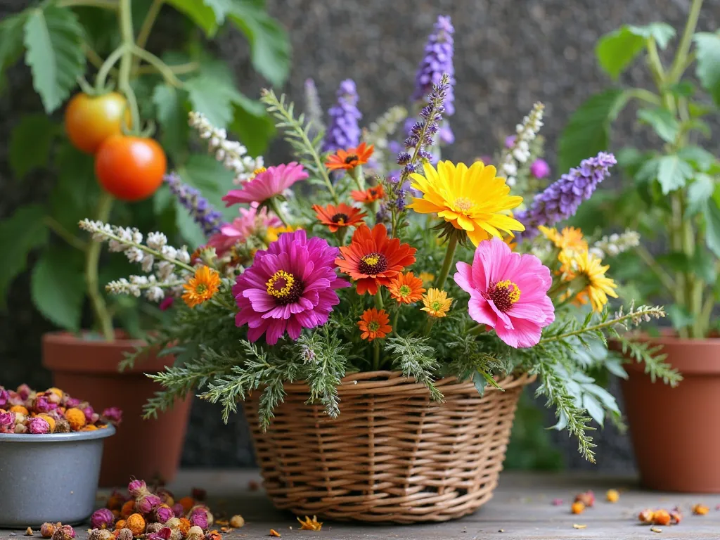 A basket with fresh edible flowers, with a highlight of nasturtium flowers, Perfect love , and lavender , next to a container with dried hibiscus flowers. In the background, a tomato plant with flowers removed