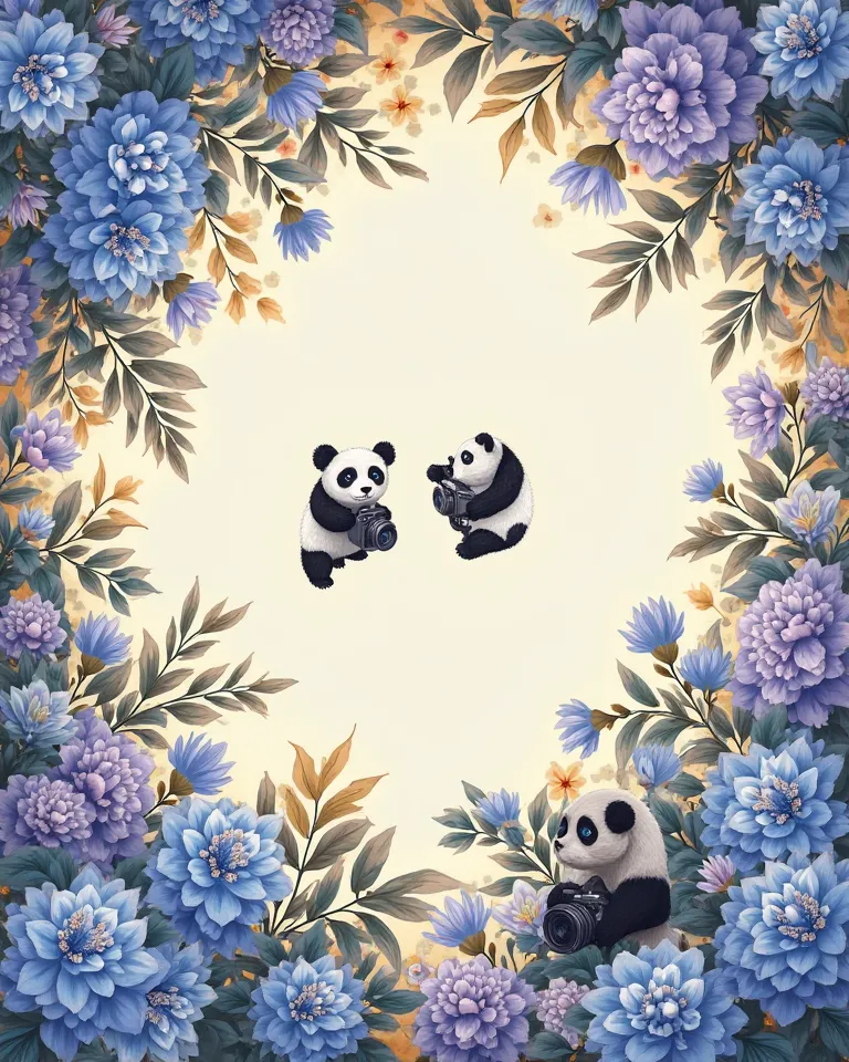 Morning greeting in the pattern,  upper left corner filled with 「Begonia」,  blue purple flowers that fall high and low Local area, 2 flying pandas between black and white cameras in the middle,  in white capital 「flora」 Font displayed in the pattern 「 in w...