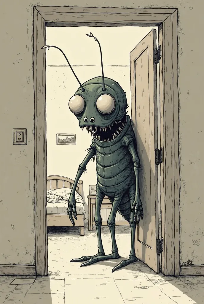 Draw the beetle Gregorio Samsa opening the door of his room with an expression of fear and shame that is a sencturaillo drawing, like a cartoon