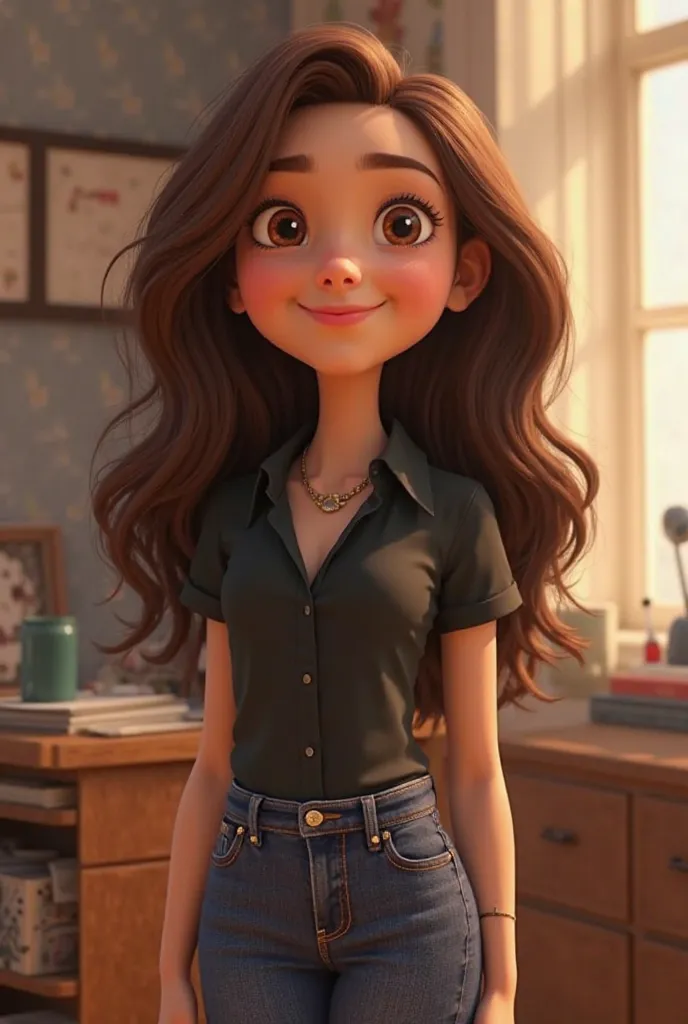 Disney Pixar 3D poster depicting one with wavy brown hair that abounds half straight with wavy brown eyes, age 15, wearing dress clothing, medium-short black blouse and jeans with brown and big hair up to her ass in the workplace 