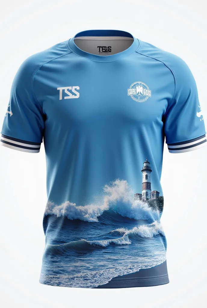 An eSports team jersey called "TDS", with a minimalist design on the front, with the image of waves reaching the beach, be cleaned in the colors blue and white. The team logo is placed on the chest. on the back, there is a detailed image of a lighthouse wi...