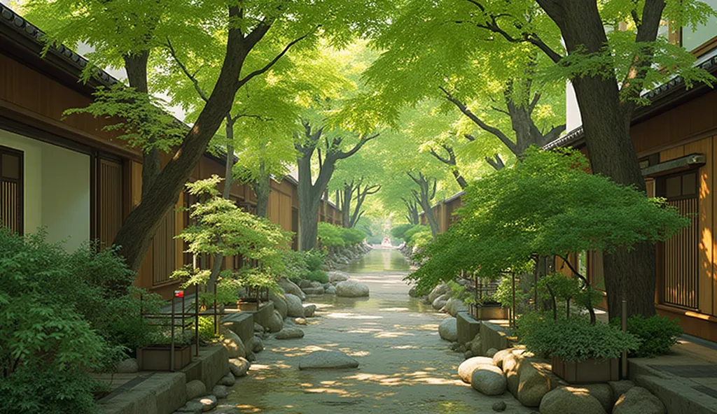 a summer city streeet scene in kyoto japan detailed photo with a  flowing stream nice trees warm hues 