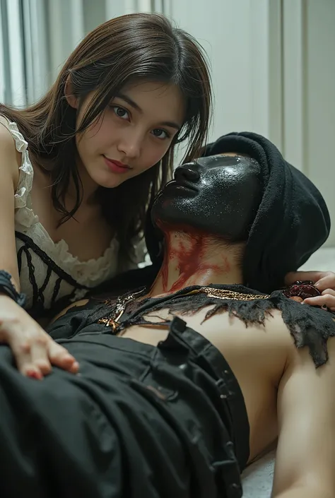Realistic, A Very beautiful woman, cut throat a boy, boy full face mask close, neck bloody splash, neck slashed, throat contents, boy dead, woman knife, woman very thick hair, woman dress, woman rich beauty, boy hoodie, woman kill boy
