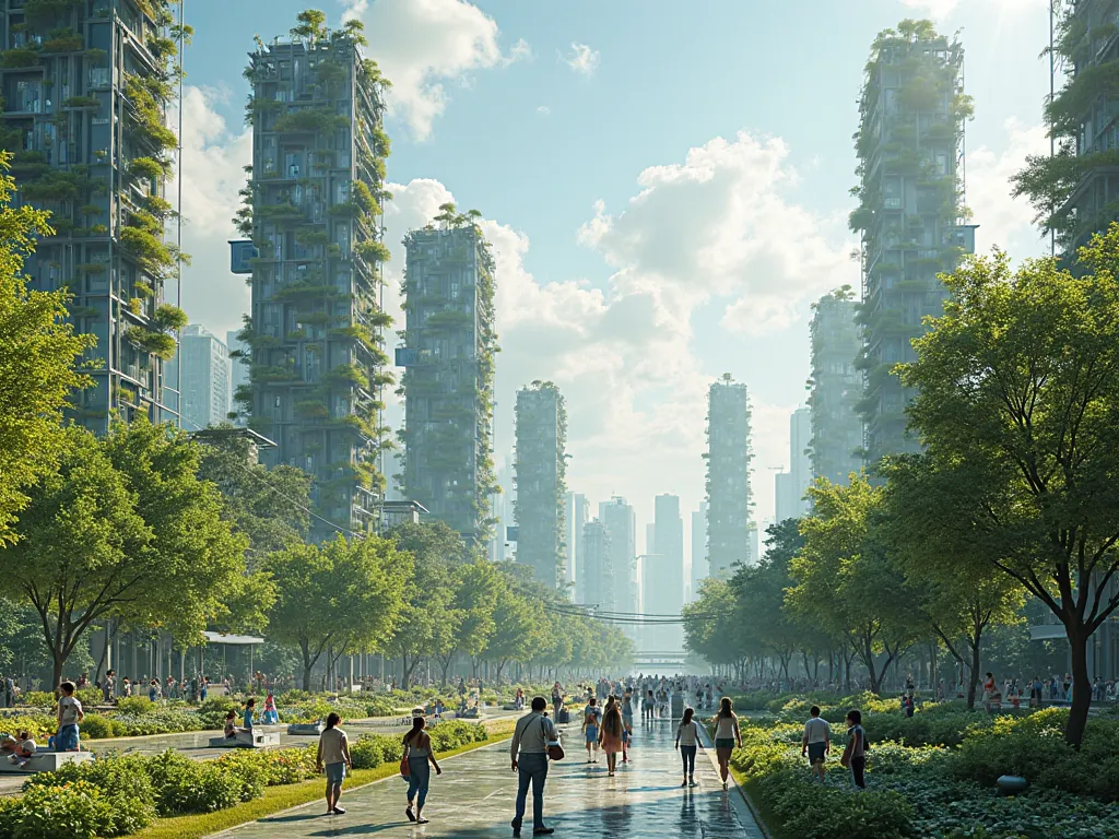 A futuristic society where advanced automation and mechanization have optimized efficiency, yet nature thrives abundantly. Towering skyscrapers covered in vertical gardens, solar-powered autonomous vehicles gliding through tree-lined streets, and robotic a...