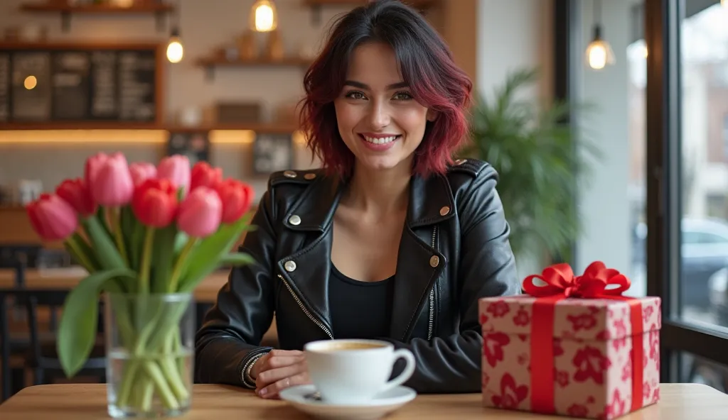 a beautiful girl of European appearance, pretty face,  plump build , short black and red hair,  wearing a black , in a black leather jacket, sitting at a table in a modern cafe, on the table is a cup of coffee, cake saucer, next to it is a bouquet of tulip...