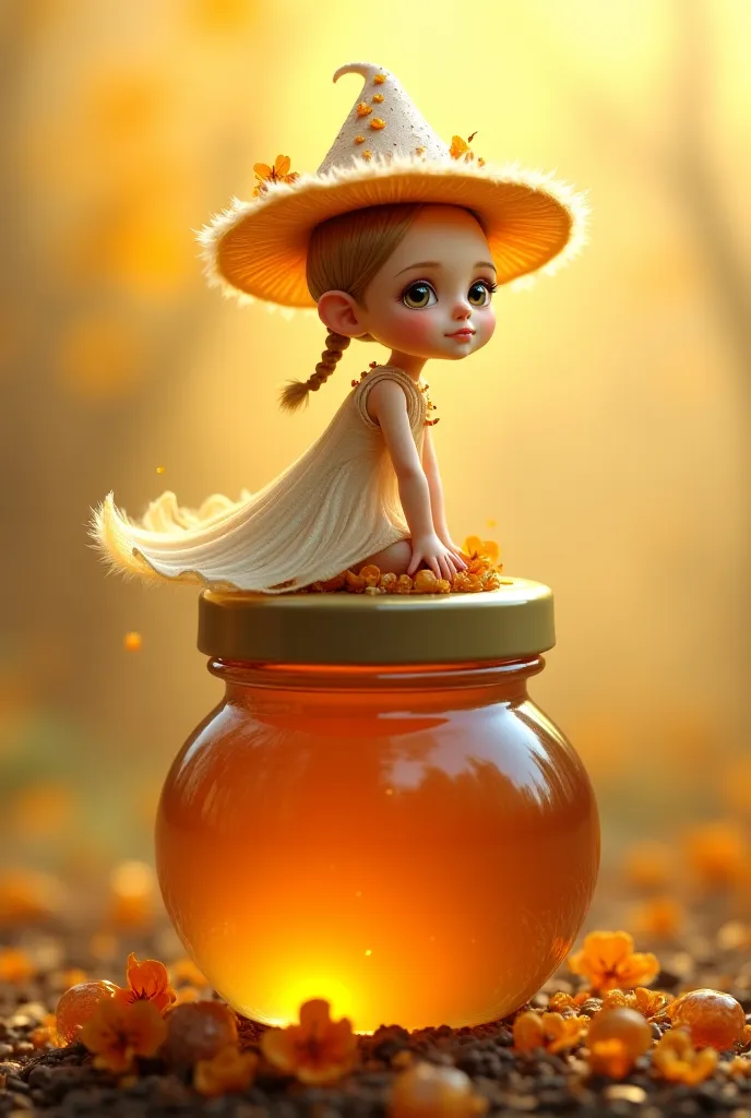 A mushroom girl on honey jar, girl has dress