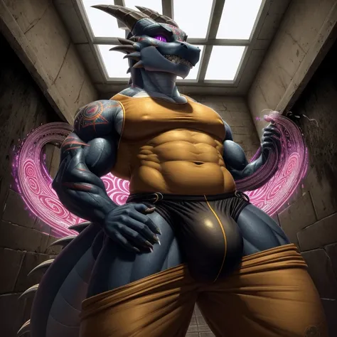 Prison setting, two men, prison courtyard turning into a dragon and kobold, orange clothing, prison jumpsuit, security uniform, flex, muscular, evil grin, torn clothing, huge bulge, scar, tattoo, thug, (Sharp focus, masterpiece, 8k, intricate artwork, hype...