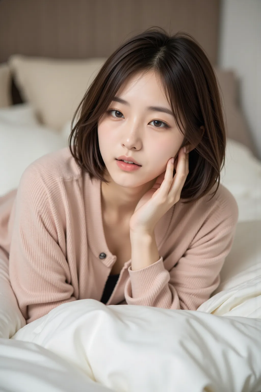 High quality,4K,Super Details,realistic,Professional grade  ,Bokeh,An Asian woman,lying on the bed,Surrounded by pillows ,20 years old, spitting her tongue slightly ,closes her eyes softly,Supine, short messy hair ,Cardigan, pretty young Korean woman , The...