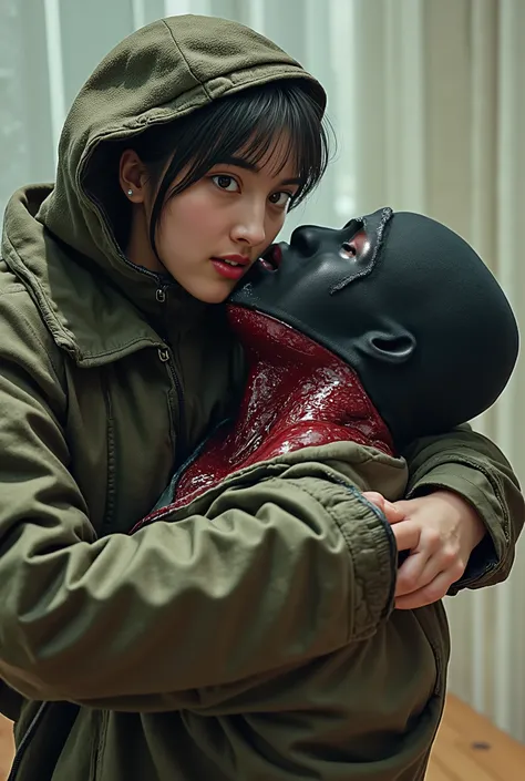 Realistic, A Very beautiful woman, cut throat a boy, boy full face mask close, neck bloody splash, neck slashed, throat contents, boy dead, woman knife, woman very thick hair, woman rich beauty, boy hoodie, woman kill boy