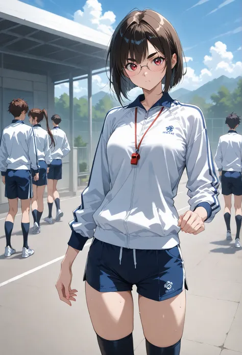 glasses、School teacher、、土のGround、(Ground)、Lots of male students 、(Thick eyebrows、thick eyebrows)、(long sleeve sportswear 、sports shorts)、、   ( short bob style)、、、 Female Teacher、Outdoors、 to sit、beautiful 、、very small breasts、、masterpiece、best quality, , s...