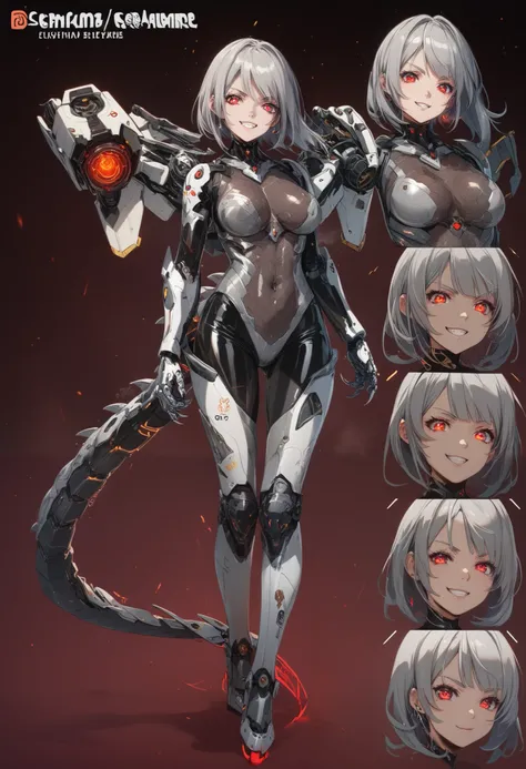 Mechanical Weapon Girl. （Close-up）Full body bodysuit. Latex. Cyber style. Honeycomb pattern bodysuit.  Light armor. Look of contempt. Evil smile. Grey hair. Breasts perky. Glowing red eyes. Glowing core. A mechanical monster in the background. Large mechan...