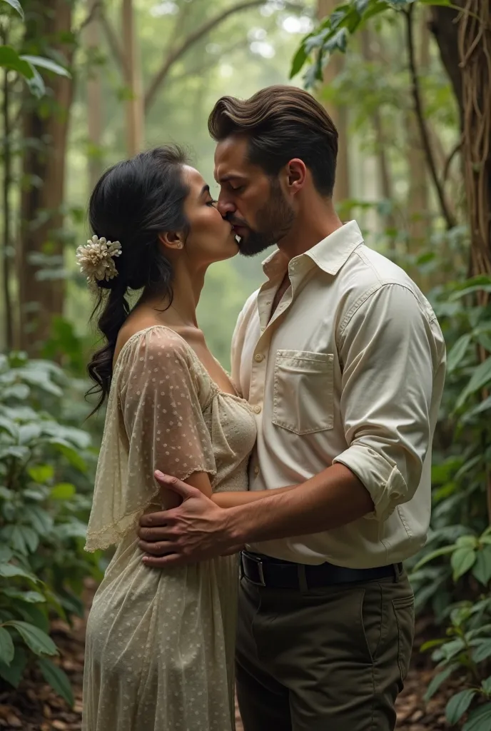 A beautiful young filipina wearing a simple see through blouse is kissing a handsome 30 year old white man wearing 1920s shirt and pants. They are kissing in the jungle. His hand is on her butt. Her blouse is open and her bust exposed.