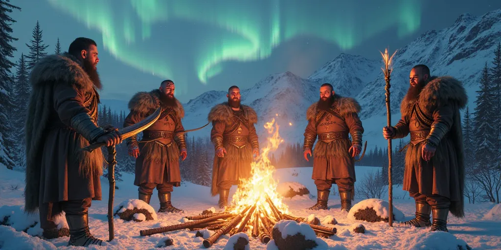 Nordic warriors celebrating winter solstice with digital runes and fire projections.