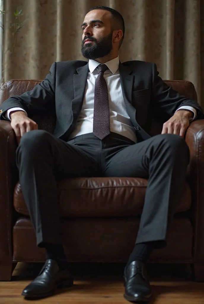 a Syrian man dressed in a business suit sits in front of you on the couch with his legs wide open down viewAccuracy, High detail, high quality, Very detailed,  Masterpiece , Realistic anatomy, Точность,  Masterpiece , Realistic anatomy, best quality, close...