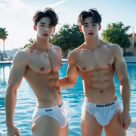 Two Spanish boys swimming in a white fishnet short swimsuit，men,, No clothes ,Erection）,Bare torso, With drops of water, lagoon， Sexy Lift, , hot, slim body, , one black hair, , other blond hair,  HD, Very sexy